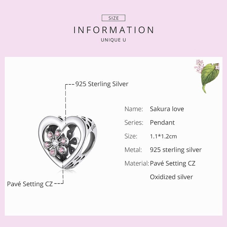 Flower in Heart Charm - The Silver Goose SA