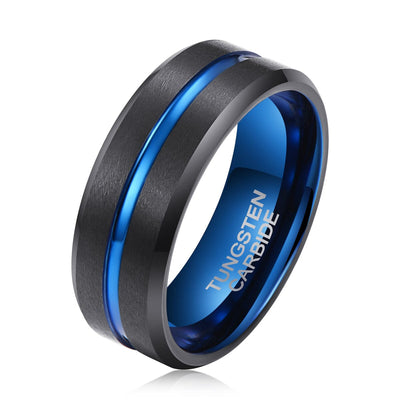 Men's Blue Groove Matte Black Tungsten Ring OY-R091 Men's Ring Ouyuan Jewelry 