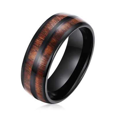 Men's Dome Double Wood Inlay Black Tungsten Ring WR-226 Men's Ring Ouyuan Jewelry 