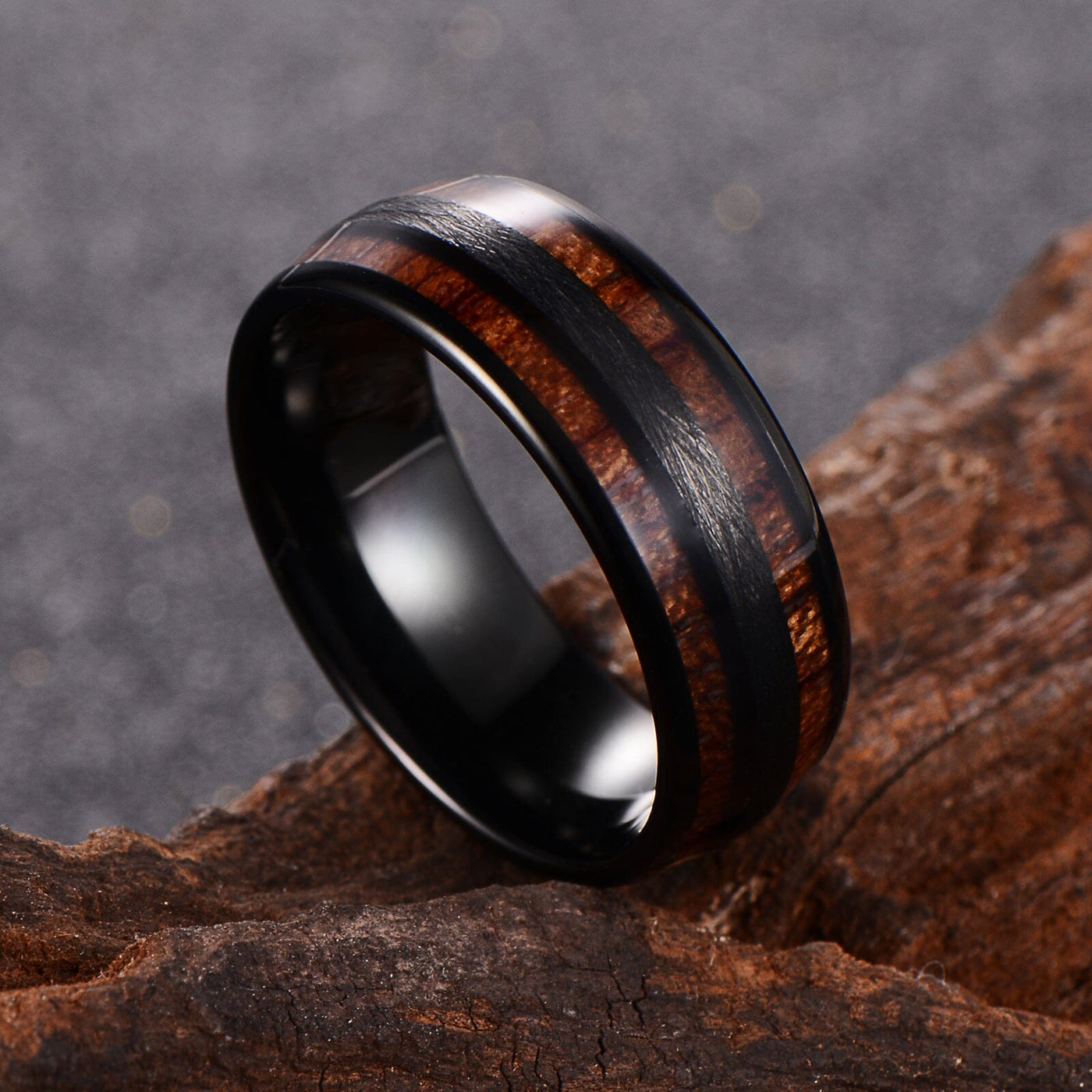 Men's Double Wood Inlay Brushed Black Tungsten Ring WR-215 Men's Ring Ouyuan Jewelry 