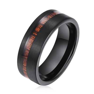 Men's Flat Wood Inlay Brushed Black Tungsten Ring WR206 Men's Ring Ouyuan Jewelry 