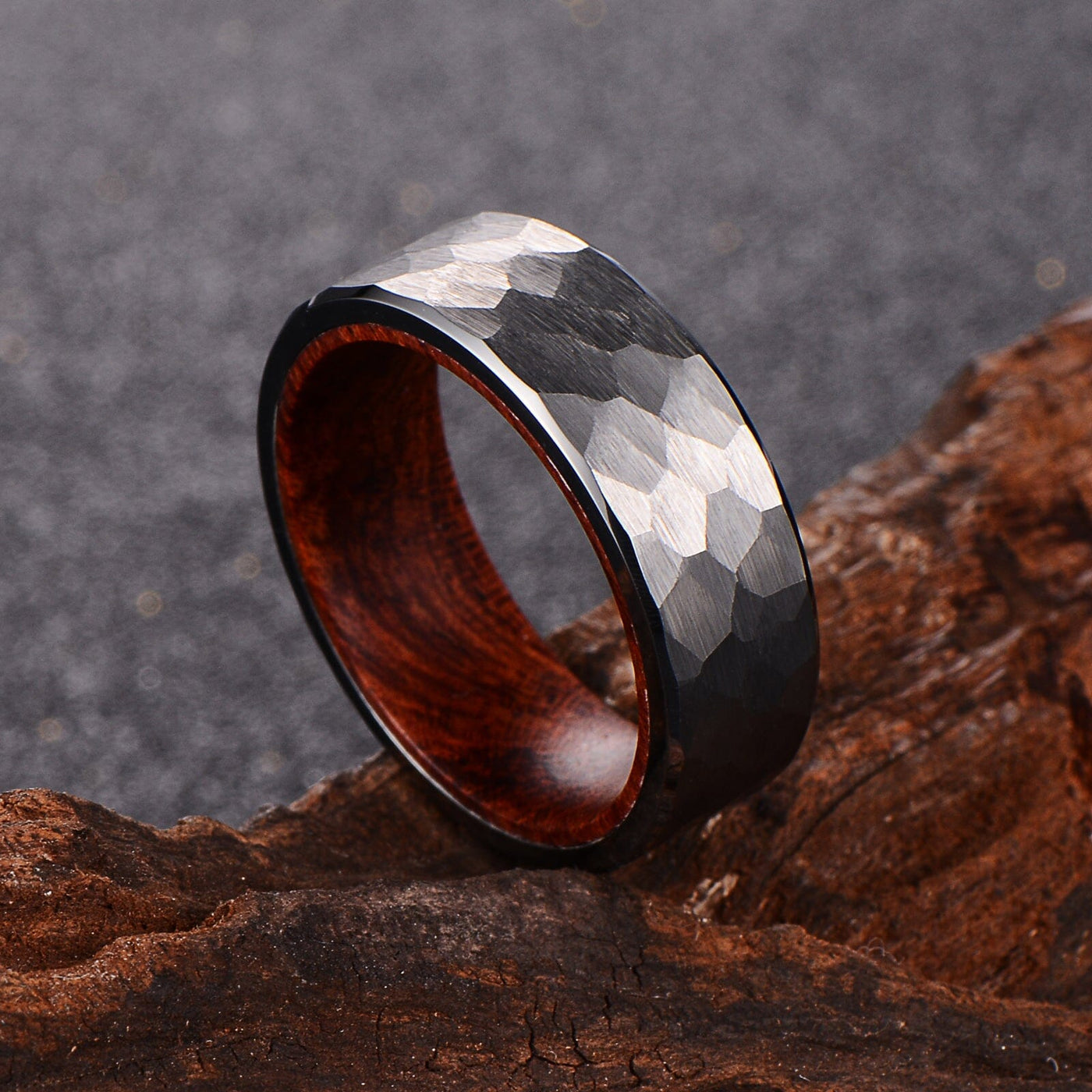 Men's Hammered Wood Silver Tungsten Ring R-284 Men's Ring Ouyuan Jewelry 