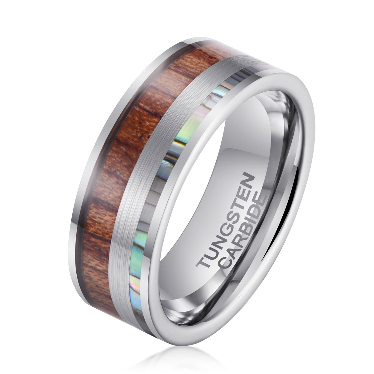 Men's Koa Wood Stripe Silver Tungsten Ring Men's Ring Ouyuan Jewelry 