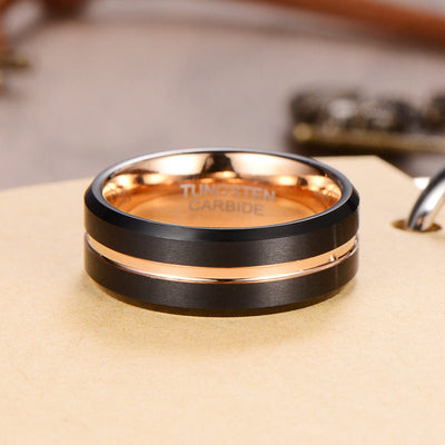 Men's Rose Gold Groove Brushed Black Tungsten Ring OY-R106 Men's Ring Ouyuan Jewelry 