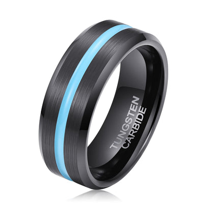 Men's Sky Blue Groove Brushed Black Tungsten Ring - TR001 Men's Ring Ouyuan Jewelry 