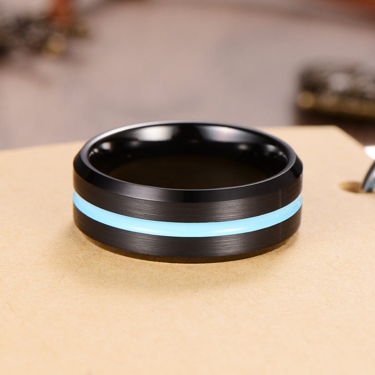 Men's Sky Blue Groove Brushed Black Tungsten Ring - TR001 Men's Ring Ouyuan Jewelry 