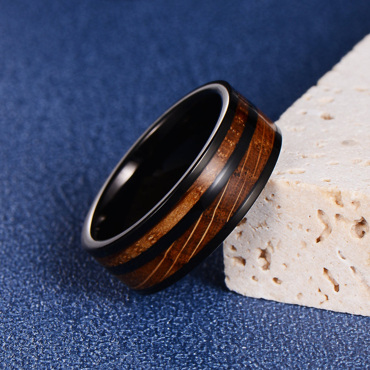 Men's Whisky Wood Black Tungsten Ring WR-219 - The Silver Goose SA