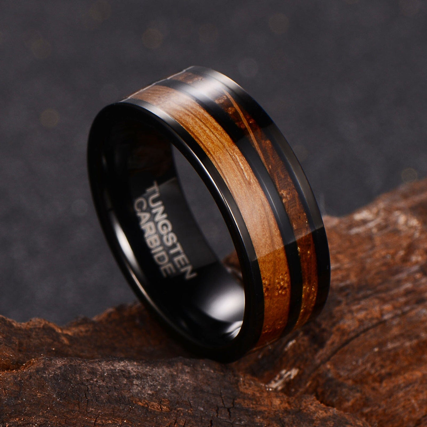 Men's Whisky Wood Black Tungsten Ring WR-219 - The Silver Goose SA