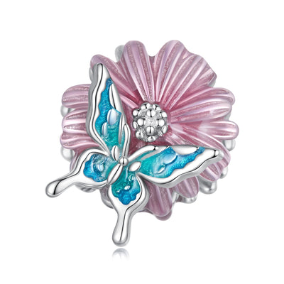 Pink Flower & Butterfly Charm - The Silver Goose SA