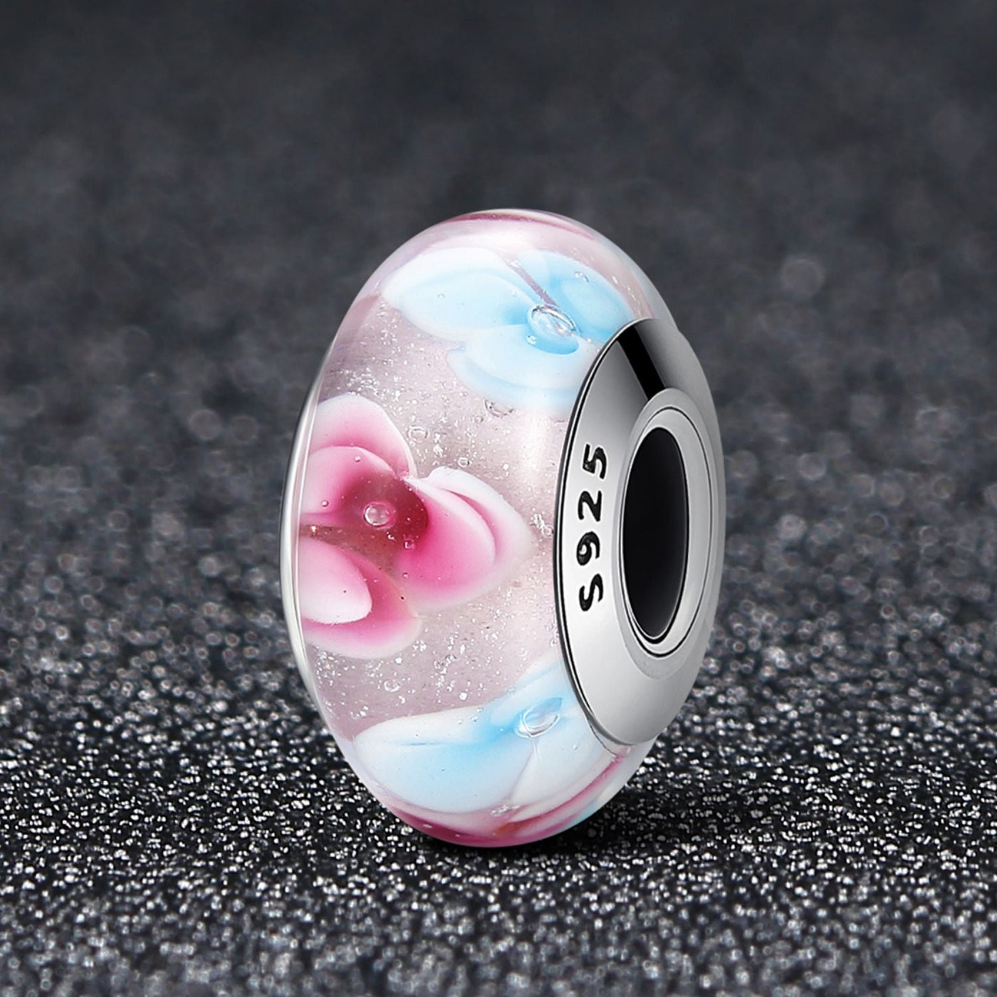 Pink with Flowers Murano Bead Charm - The Silver Goose SA