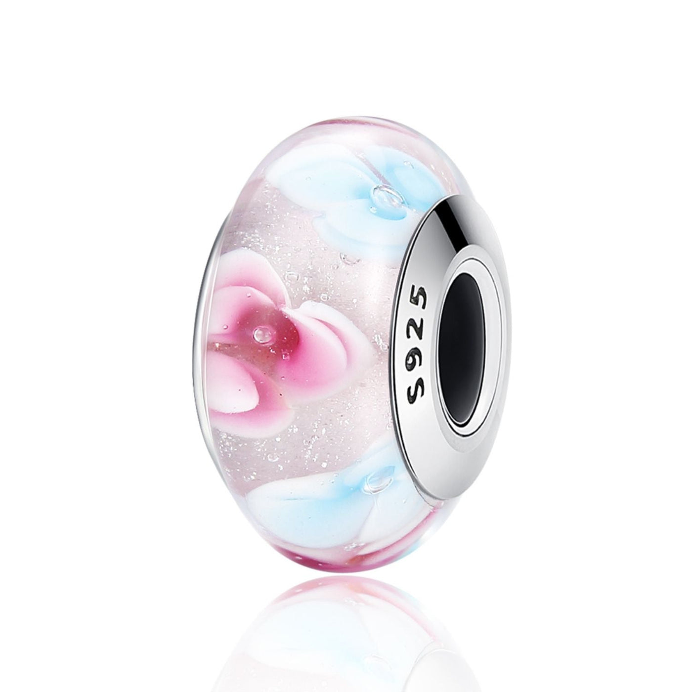 Pink with Flowers Murano Bead Charm - The Silver Goose SA