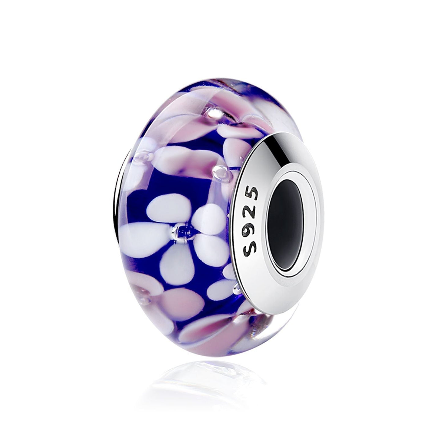 Purple with Flowers Murano Bead Charm - The Silver Goose SA