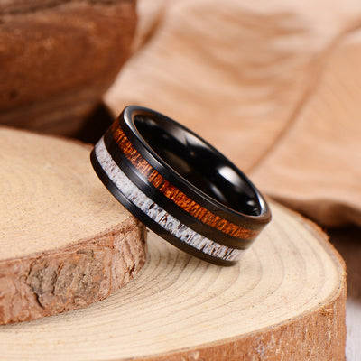 Tungsten Wood & Deer Inlay Men's Ring Ouyuan Jewelry 